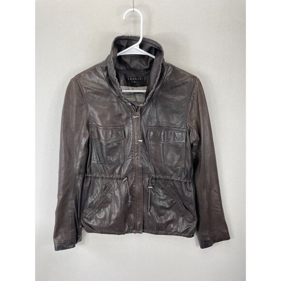 Theory Women's Brown Leather Drawstring Jacket Coat Size Small Full Zip - Picture 1 of 13
